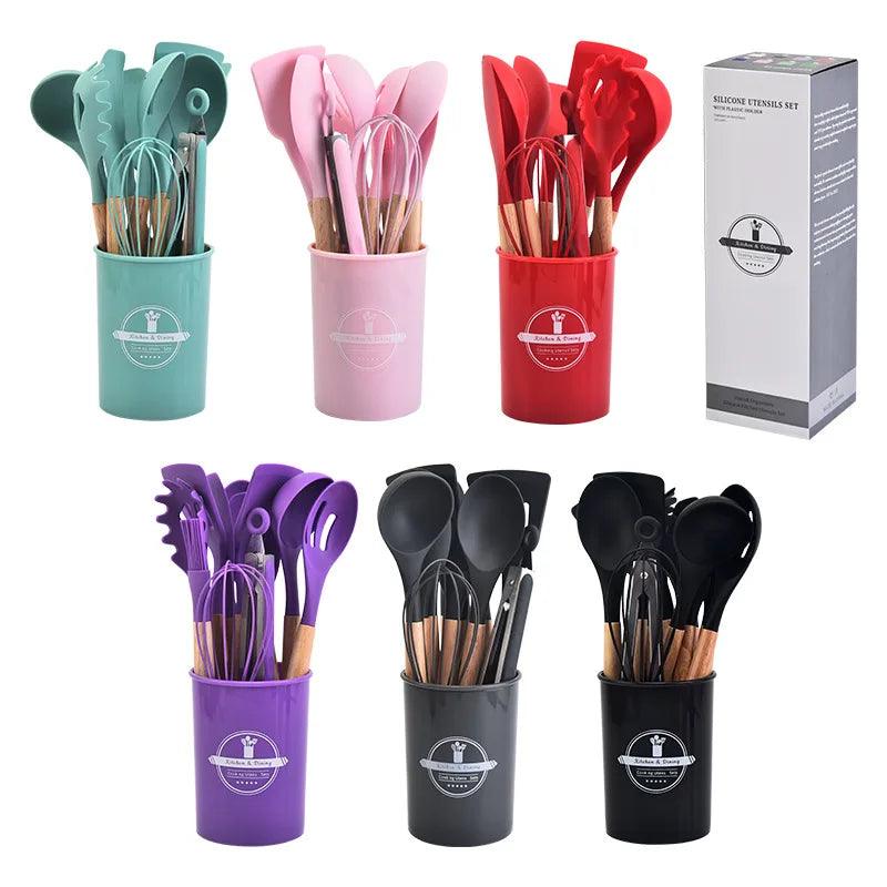 Jogo Talheres Utensílios Kit 12 Peças em Silicone E Cabo De Madeira.