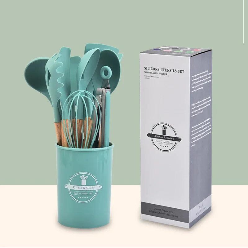 Jogo Talheres Utensílios Kit 12 Peças em Silicone E Cabo De Madeira.