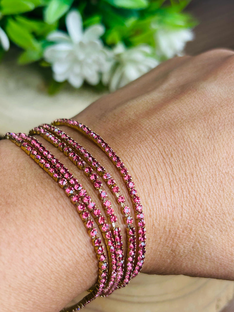 Conjunto de Pulseira Strass Rosa Banhada em Ouro 18k