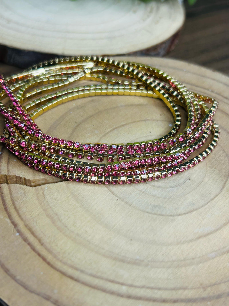 Conjunto de Pulseira Strass Rosa Banhada em Ouro 18k