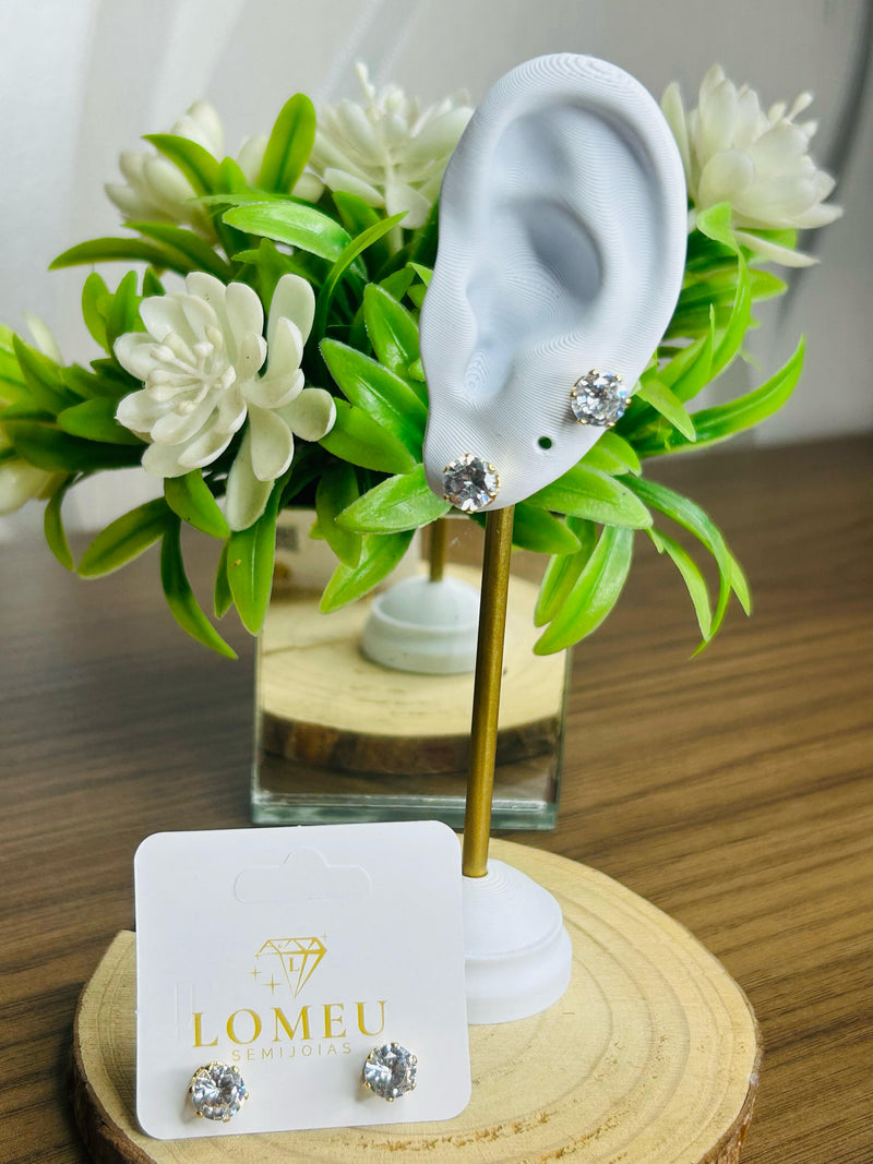 Brinco Solitário com Pedra Cristal Banhado em Ouro 18k