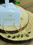 Brinco Argola com 3 Pedras Verde Esmeraldas Banhado em Ouro 18k