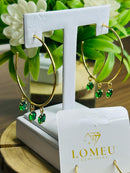 Brinco Argola com 3 Pedras Verde Esmeraldas Banhado em Ouro 18k