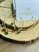 Brinco Argola com 3 Pedras Coloridas Banhado a Ouro 18k