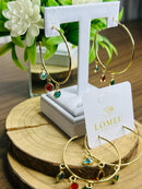 Brinco Argola com 3 Pedras Coloridas Banhado a Ouro 18k