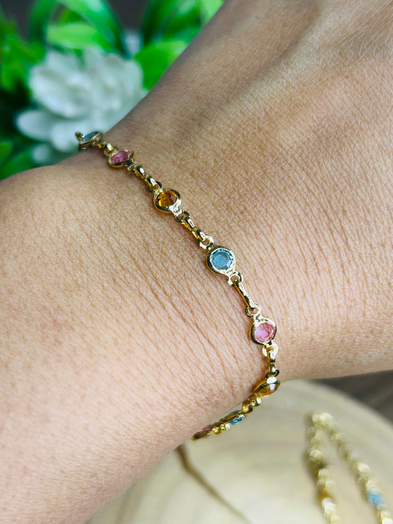 Pulseira Pedras Color Singela Banhada em Ouro 18k