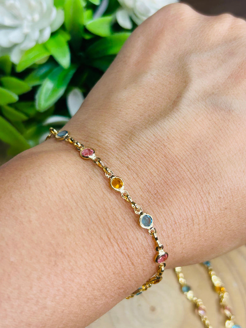 Pulseira Pedras Color Singela Banhada em Ouro 18k