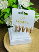 Trio Brincos Argolinha Coração com Zircônia Rosa Banhado em Ouro 18k