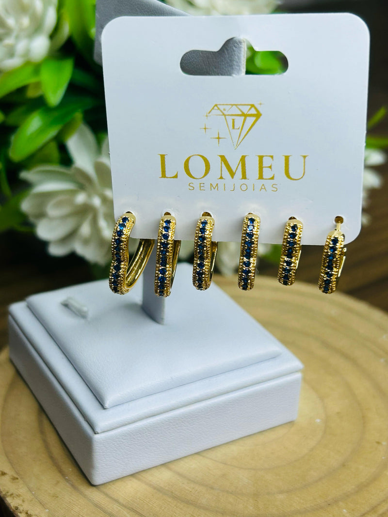 Trio Brincos Argolinha Coração com Zircônia Azul Banhado em Ouro 18k