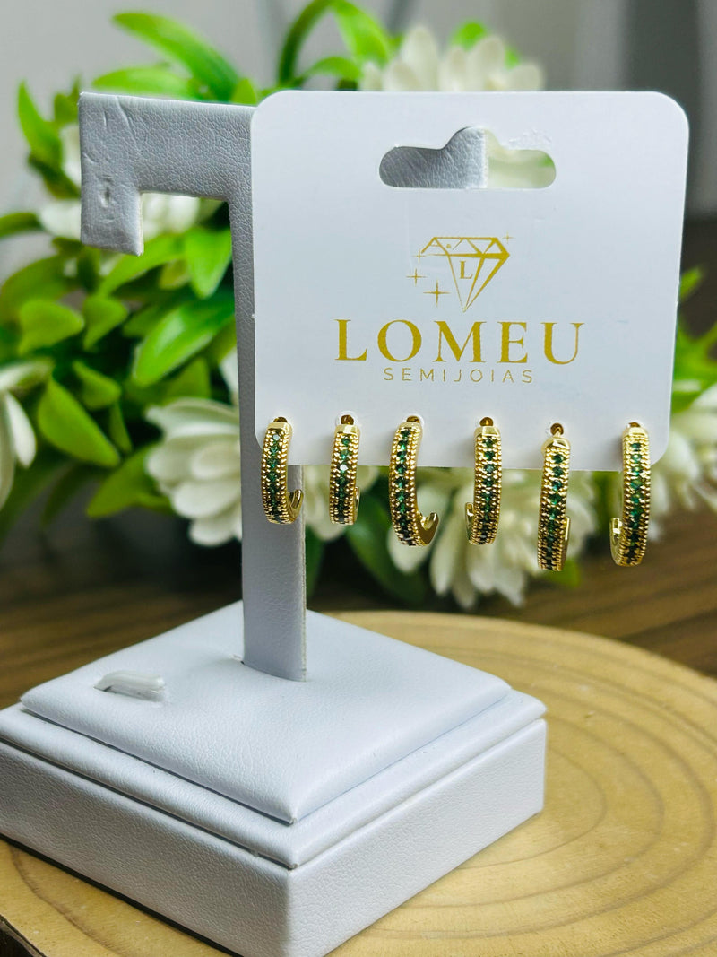 Trio Brincos Argolinha Meia Cana com Zircônia Verde Banhado em Ouro 18k