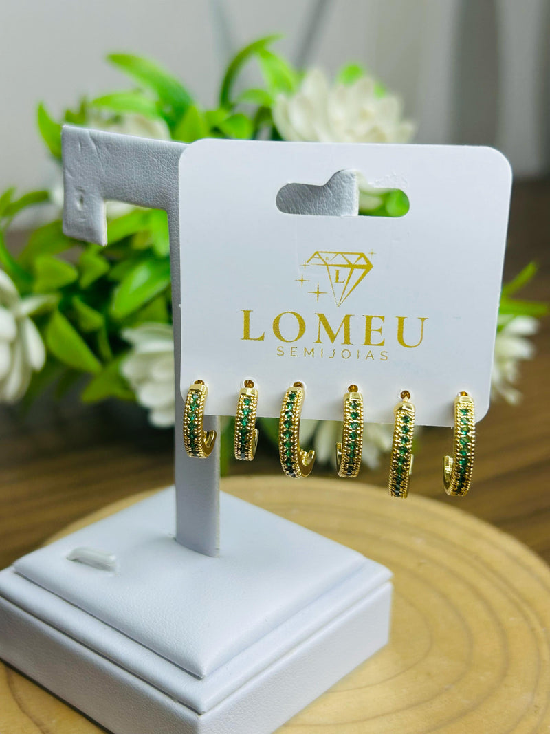 Trio Brincos Argolinha Meia Cana com Zircônia Verde Banhado em Ouro 18k