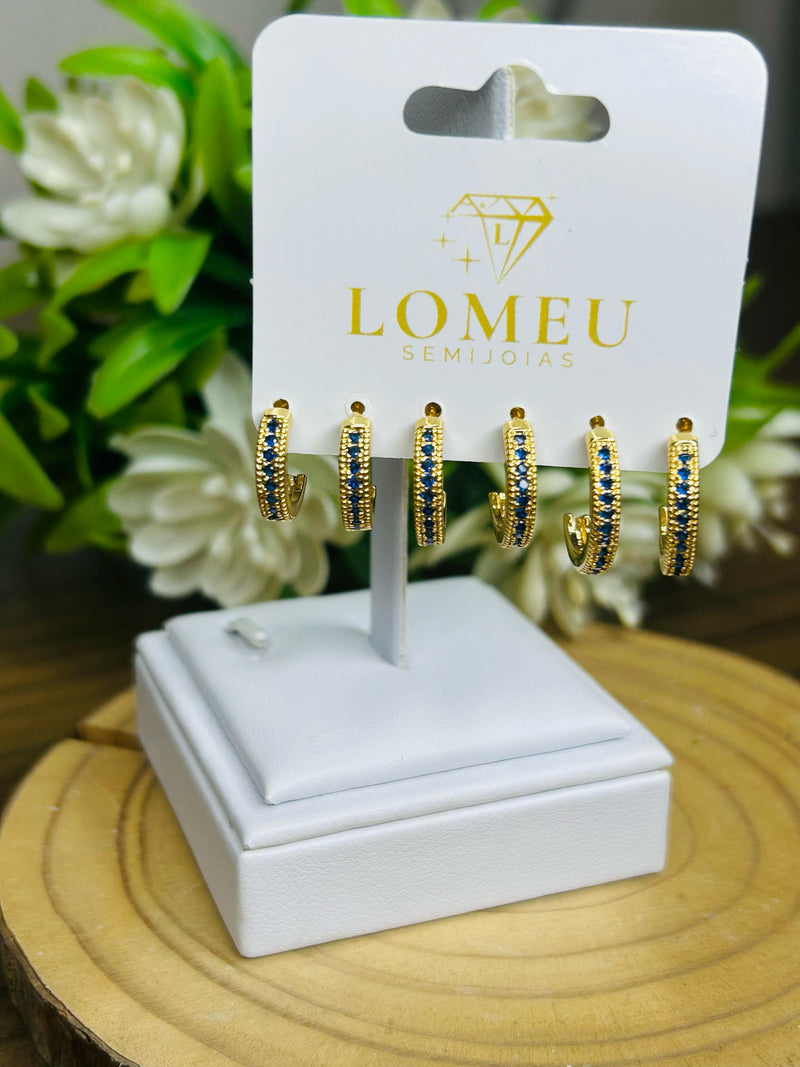 Trio Brincos Argolinha Meia Cana com Zircônia Azul Banhado em Ouro 18k