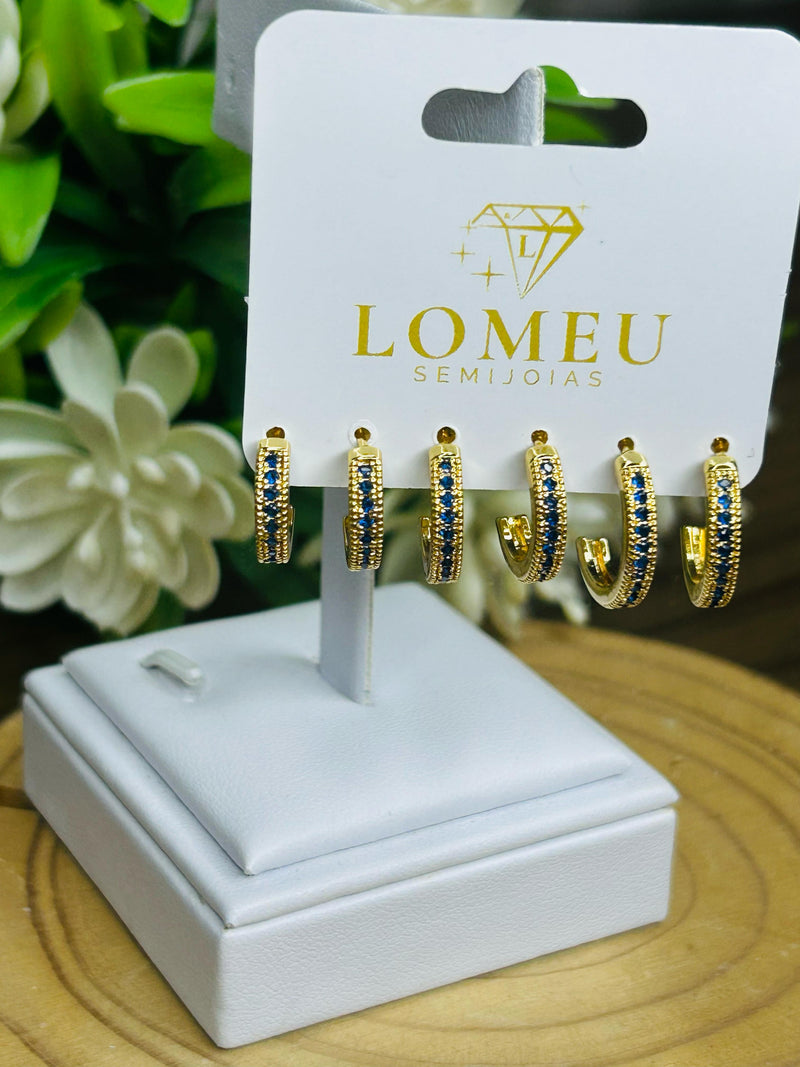 Trio Brincos Argolinha Meia Cana com Zircônia Azul Banhado em Ouro 18k