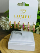 Trio Brincos Argolinha Meia Cana com Zircônia Rosa Banhado em Ouro 18k