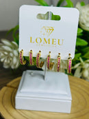 Trio Brincos Argolinha Meia Cana com Zircônia Rosa Banhado em Ouro 18k