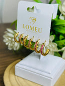 Trio Brincos Argolinha Meia Cana com Zircônia Rosa Banhado em Ouro 18k