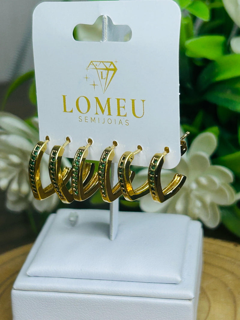 Trio Brincos com Zircônia Verde em V Banhado em Ouro 18k