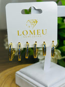 Trio Brincos com Zircônia Azul em V Banhado em Ouro 18k