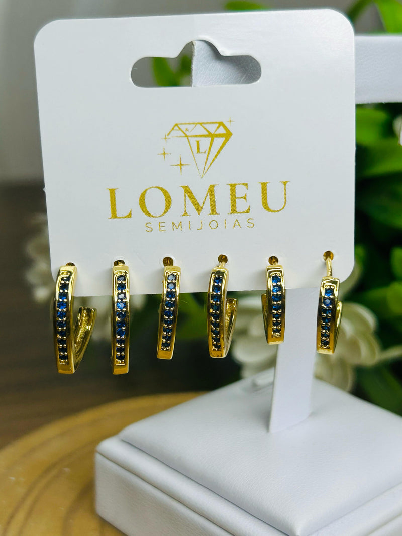 Trio Brincos com Zircônia Azul em V Banhado em Ouro 18k