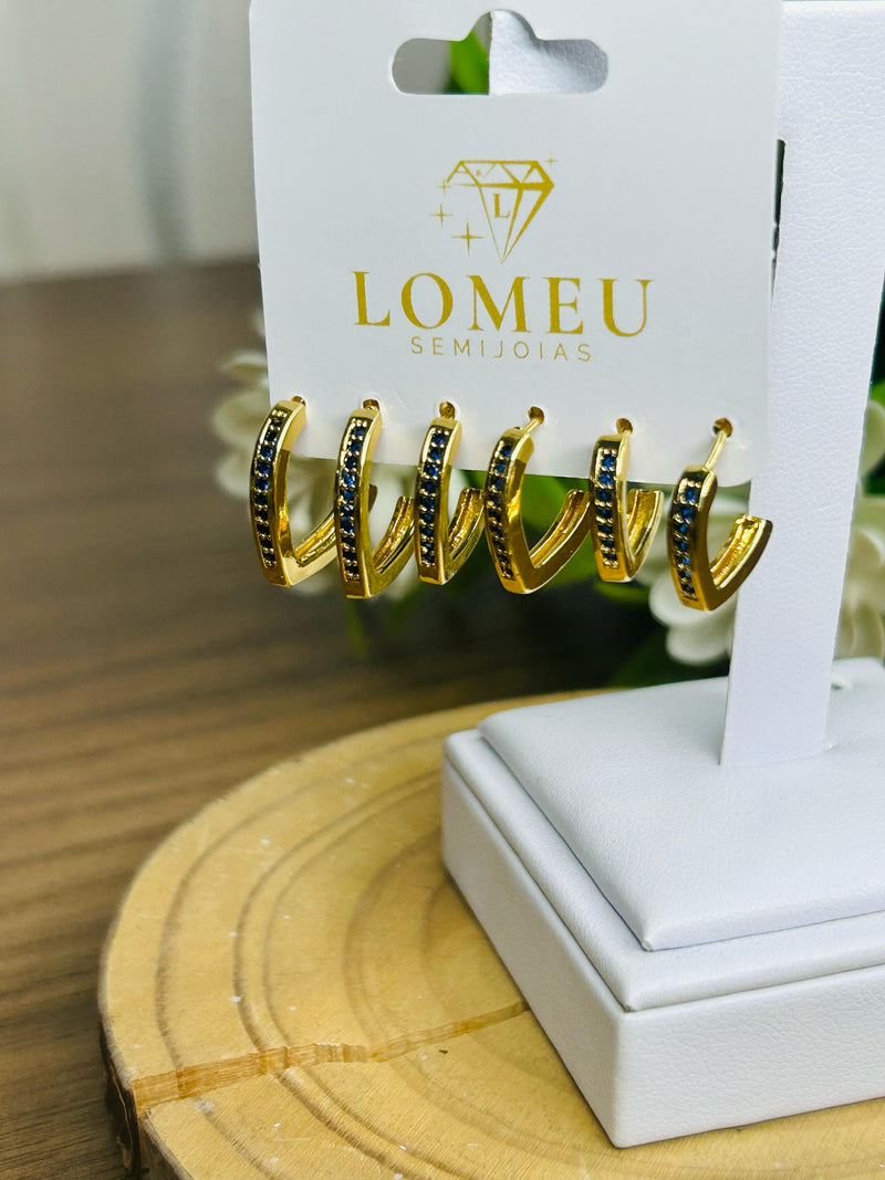 Trio Brincos com Zircônia Azul em V Banhado em Ouro 18k