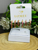 Trio de Brincos Com Zircônia Rosa em V Banhado em Ouro 18k