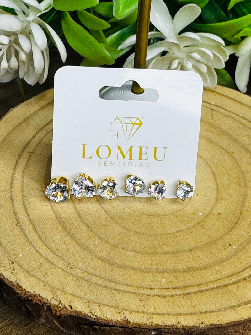 Trio de Brincos Pedra Coração Banhado em Ouro 18k