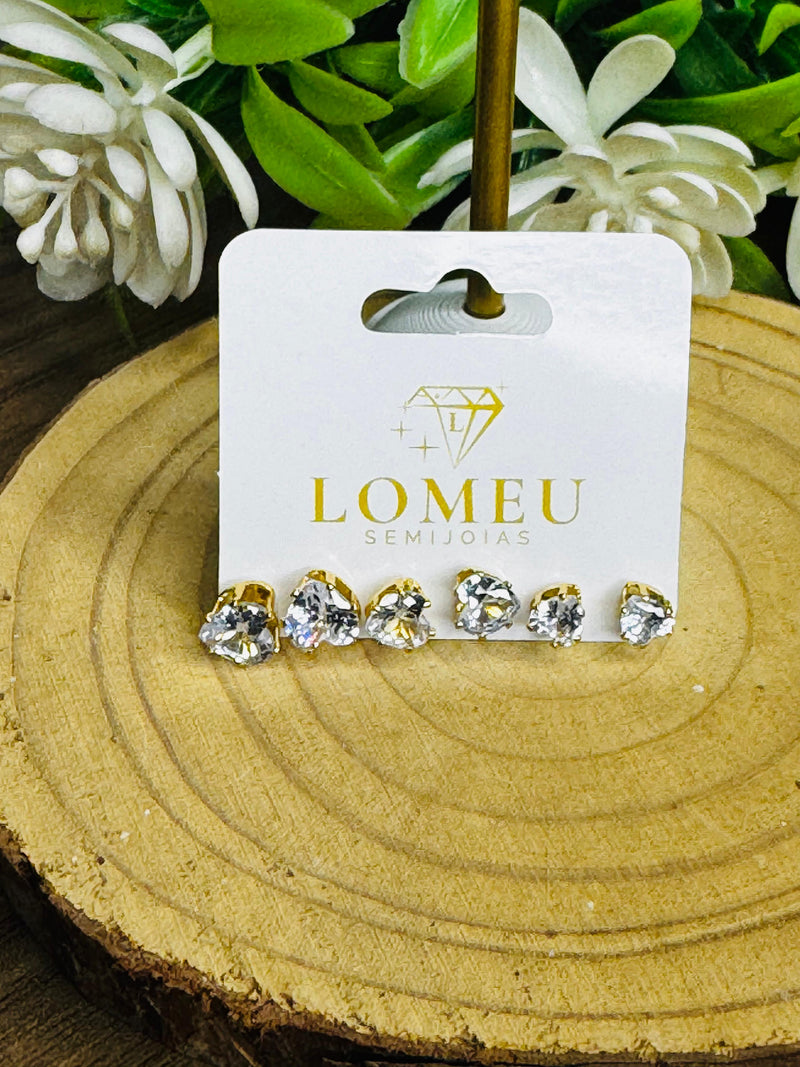 Trio de Brincos Pedra Coração Banhado em Ouro 18k