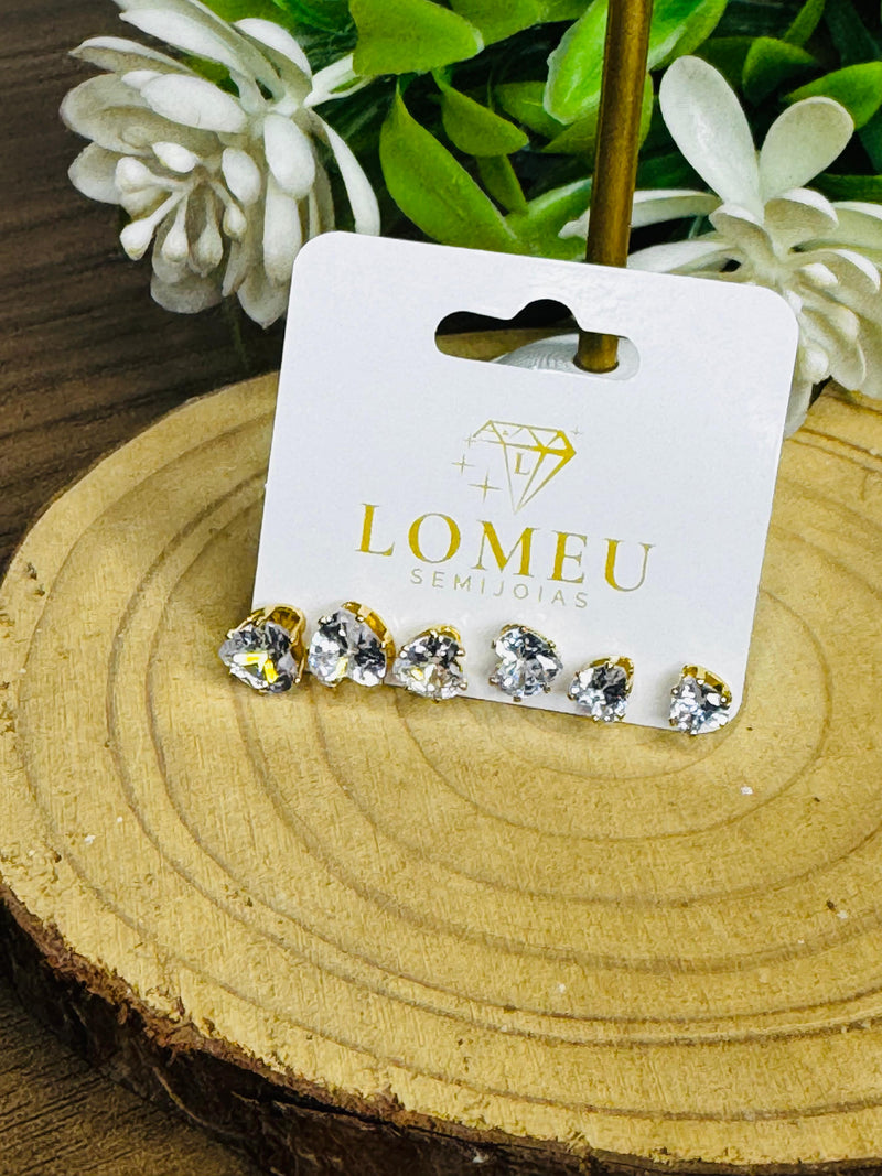 Trio de Brincos Pedra Coração Banhado em Ouro 18k