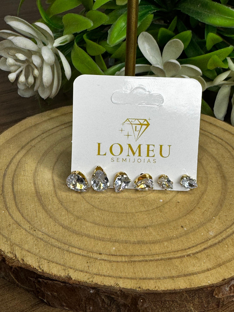 Trio de Brincos Ponto de Luz Gota Oval Banhado em Ouro 18k