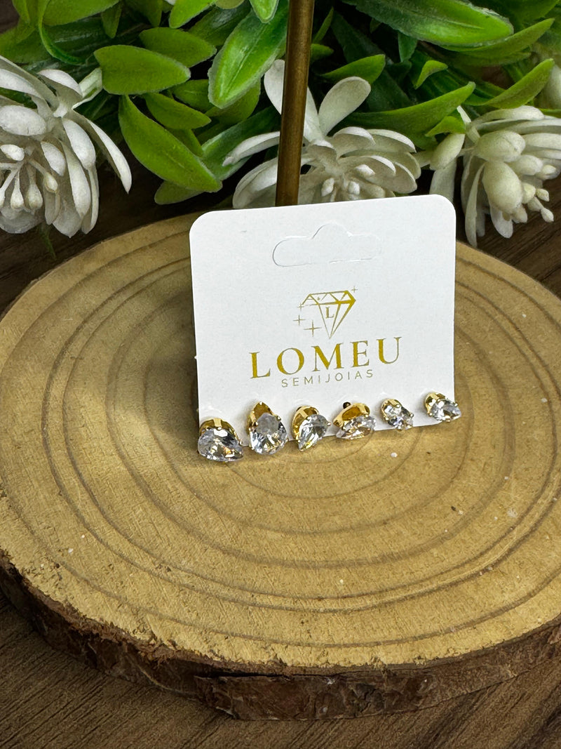 Trio de Brincos Ponto de Luz Gota Oval Banhado em Ouro 18k