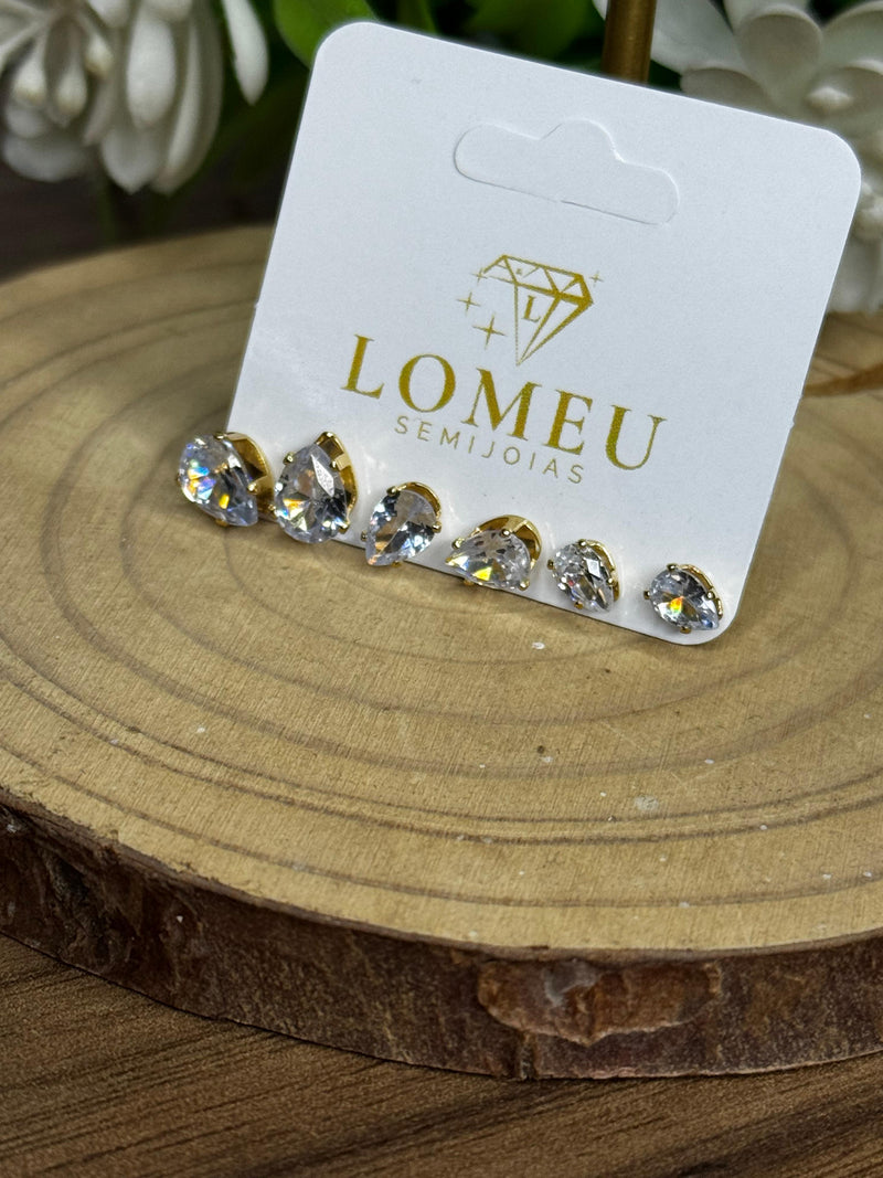 Trio de Brincos Ponto de Luz Gota Oval Banhado em Ouro 18k