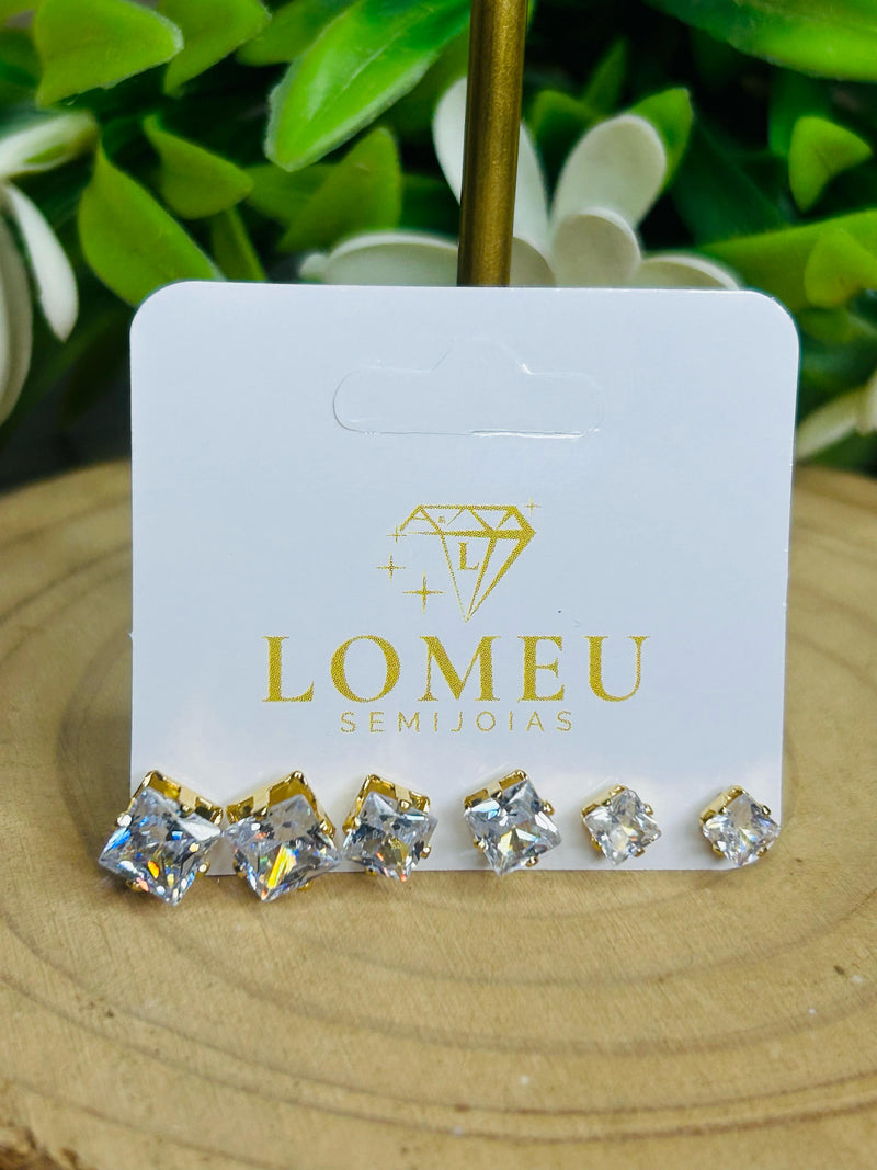 Trio de Brincos Pedra Quadrada Banhado em Ouro 18k