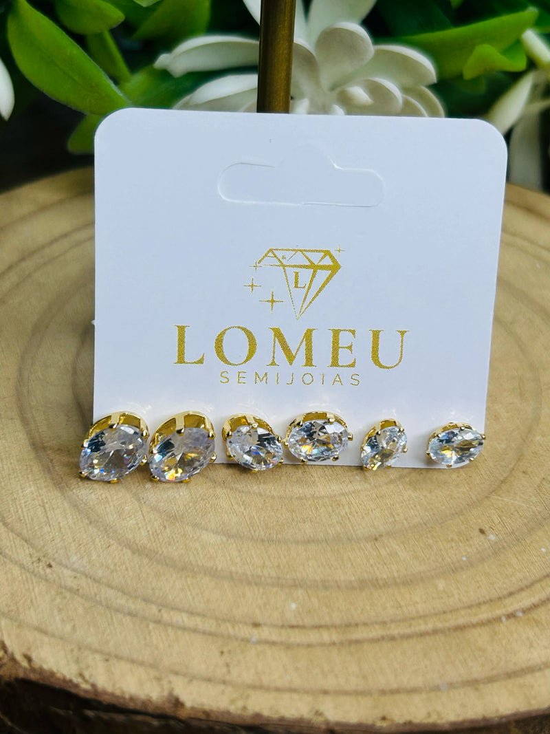 Trio de Brincos Ponto de Luz Banhado em Ouro 18k