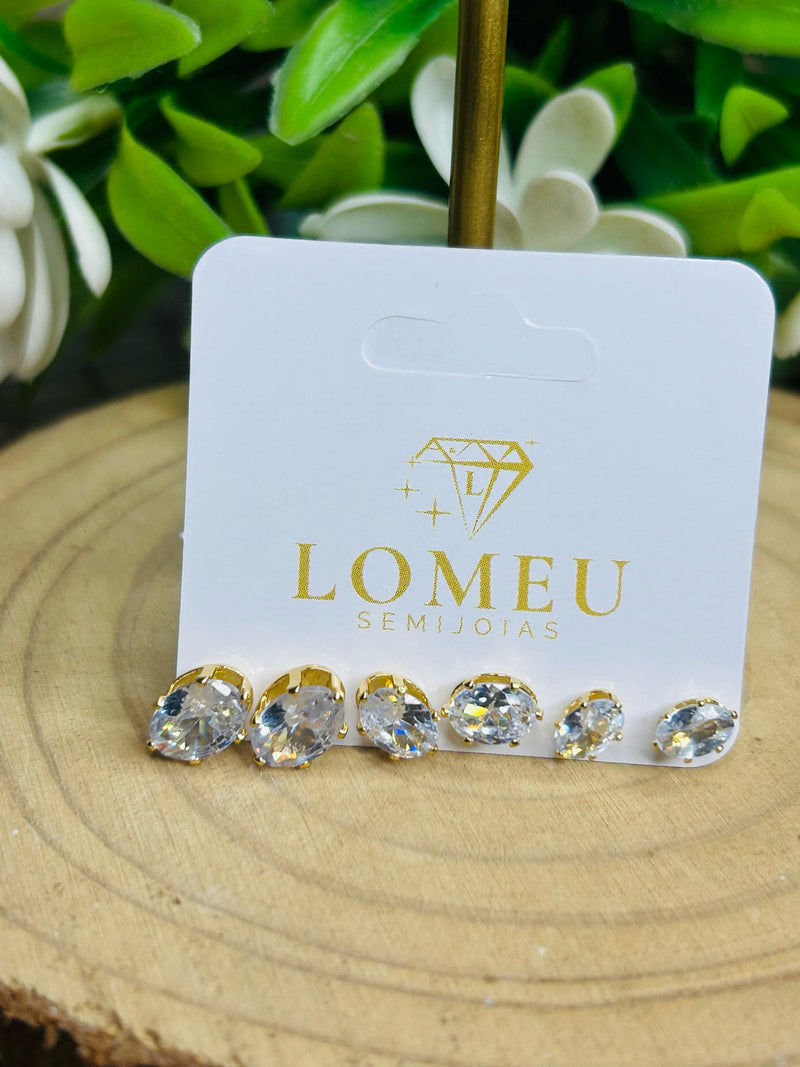 Trio de Brincos Ponto de Luz Banhado em Ouro 18k