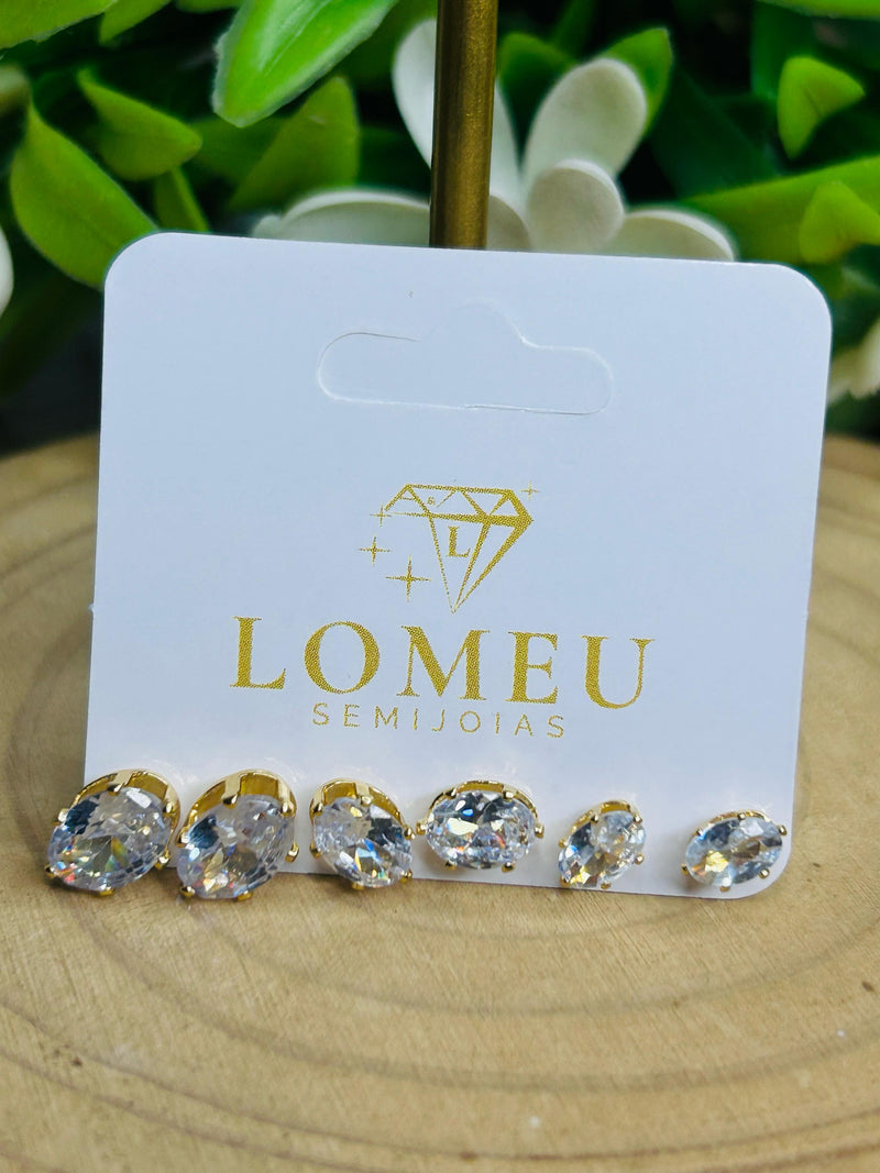 Trio de Brincos Ponto de Luz Banhado em Ouro 18k