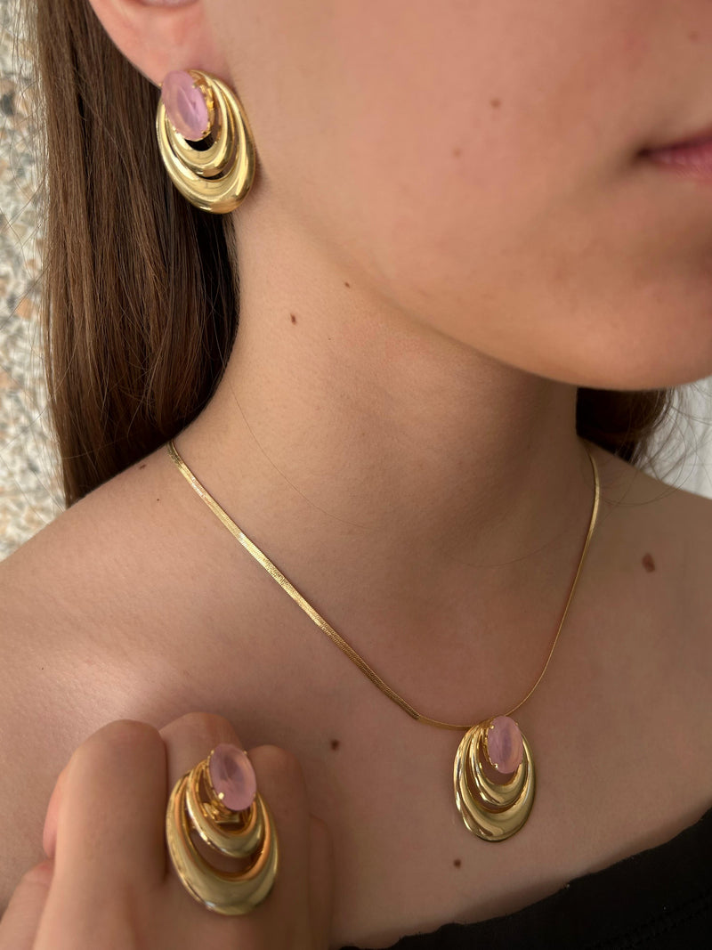 Conjunto Fenix Cristal Rosa Fosco Banhado em Ouro 18k