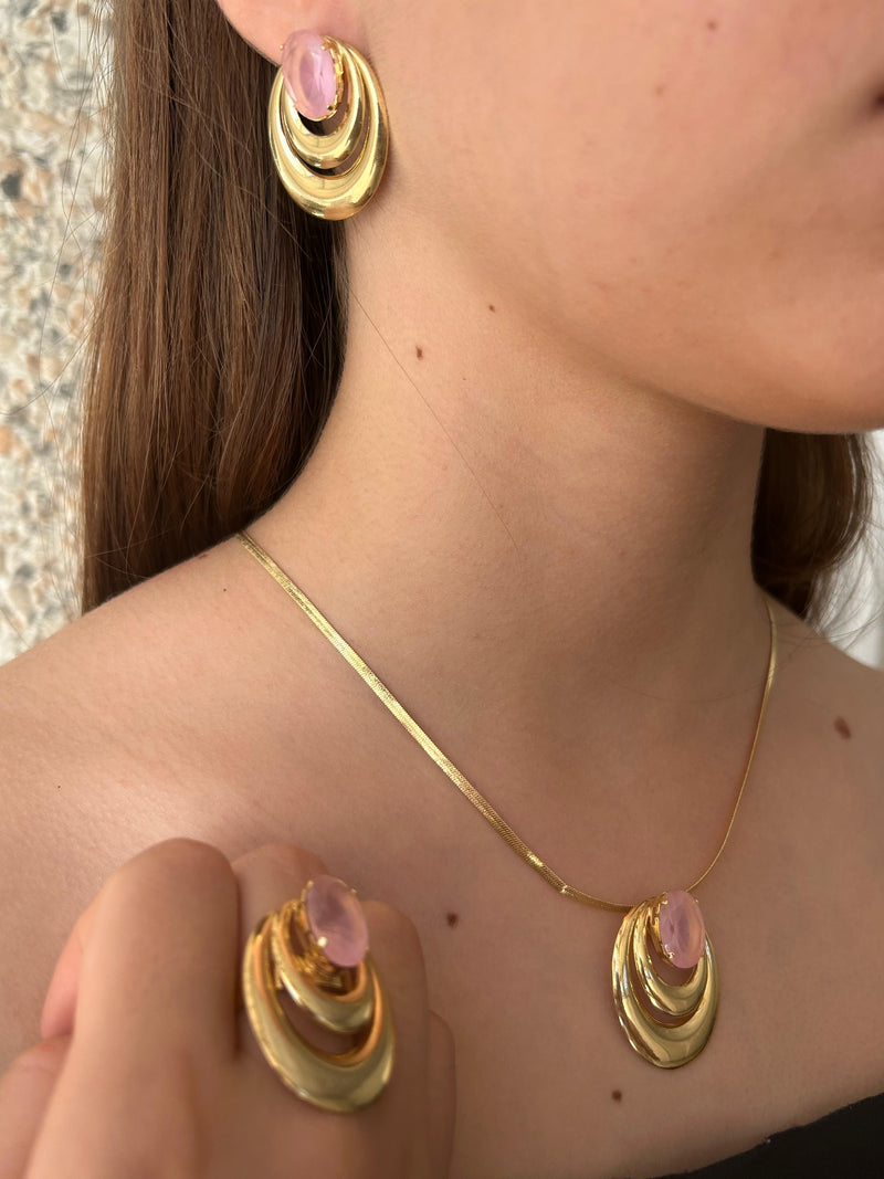 Conjunto Fenix Cristal Rosa Fosco Banhado em Ouro 18k