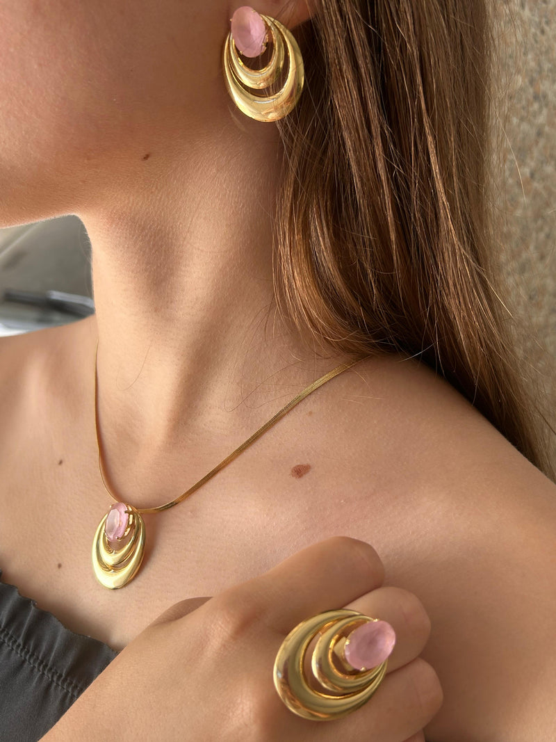 Conjunto Fenix Cristal Rosa Fosco Banhado em Ouro 18k