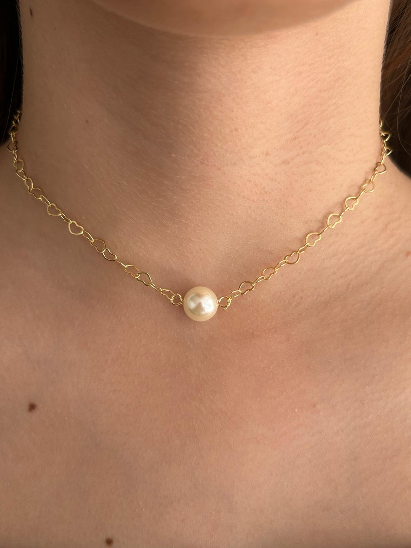 Colar Choker Coração com Pérola Banhado em Ouro 18k