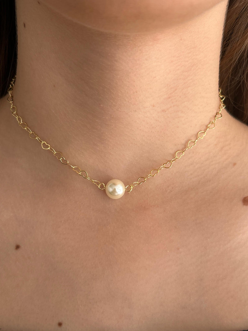 Colar Choker Coração com Pérola Banhado em Ouro 18k
