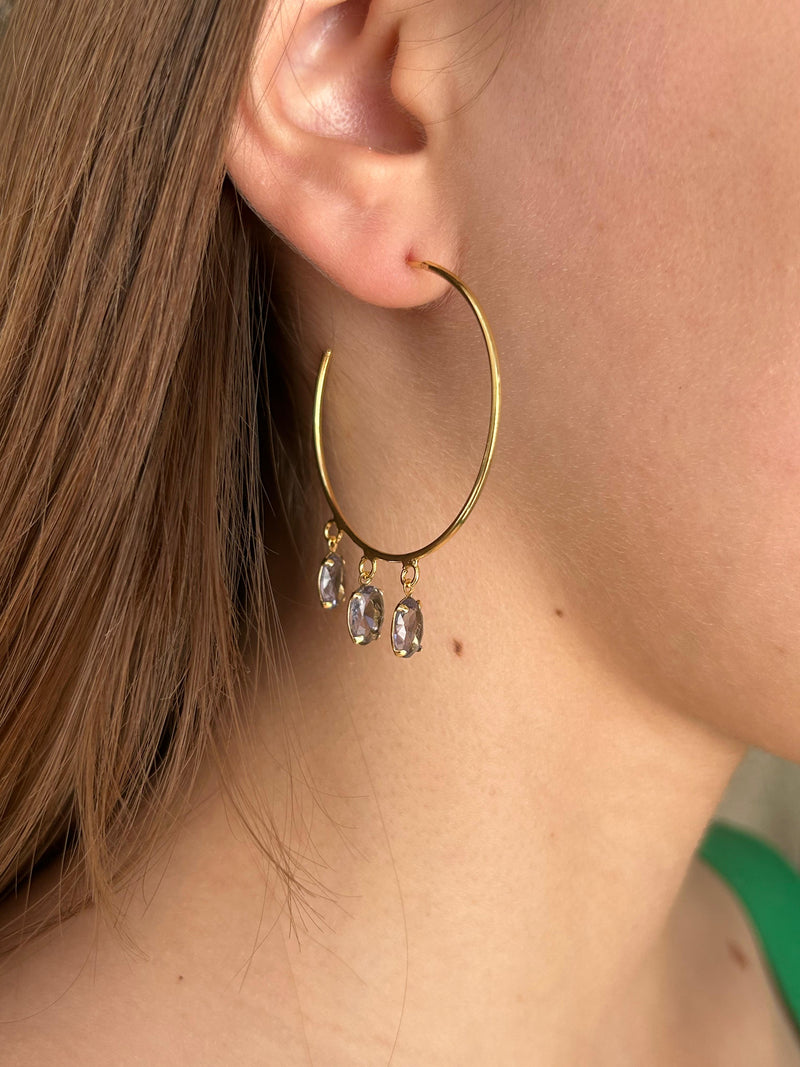 Brinco Argola com 3 Pedras Oval Lavanda Banhado em Ouro 18k