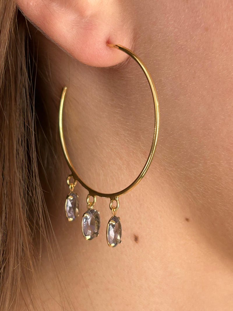 Brinco Argola com 3 Pedras Oval Lavanda Banhado em Ouro 18k