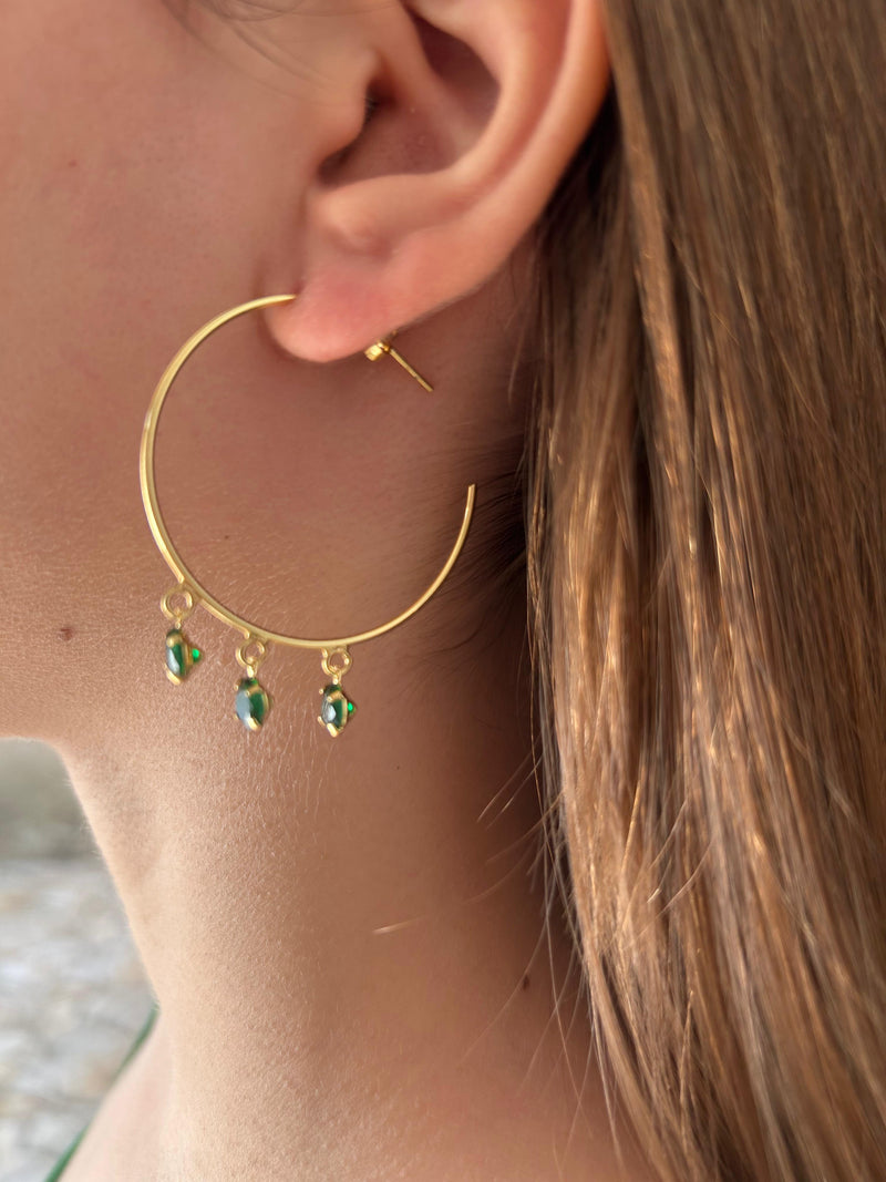 Brinco Argola com 3 Pedras Verde Esmeraldas Banhado em Ouro 18k