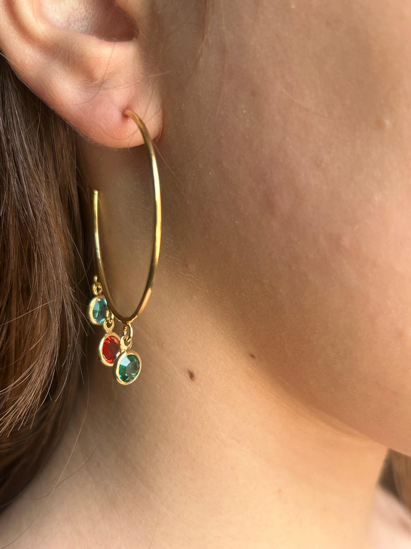 Brinco Argola com 3 Pedras Coloridas Banhado a Ouro 18k