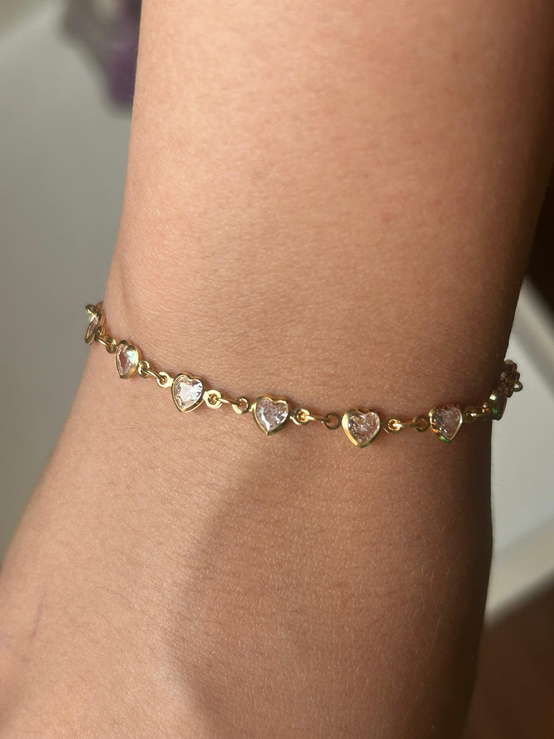 Pulseira Mini Corações de Cristais Banhado a Ouro 18k