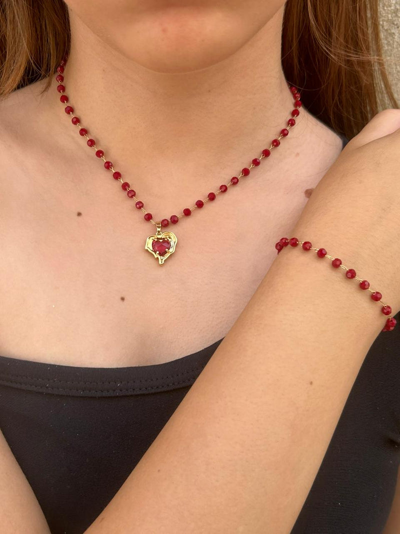 Conjunto em Pedras de Vidro Faceteda Marsala Banhado a Ouro 18k