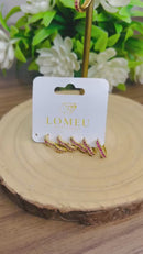 Trio Brincos Argolinha Coração com Zircônia Rosa Banhado em Ouro 18k