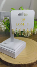 Trio Brincos Argolinha Meia Cana com Zircônia Verde Banhado em Ouro 18k