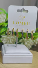 Trio Brincos Argolinha Meia Cana com Zircônia Azul Banhado em Ouro 18k