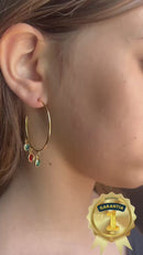 Brinco Argola com 3 Pedras Coloridas Banhado a Ouro 18k